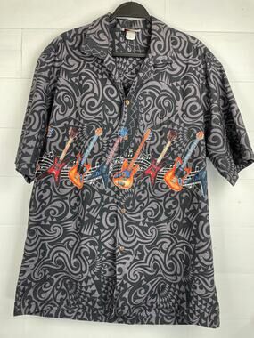 Pacific Legend Men's XL Hawaiian Shirt Black Polynesian Tribal Electric Guitars